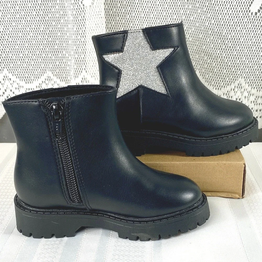 NWT Size 7 Wonder Nation Toddler Girls Black Glitter Star Chelsea Boots Side Zip